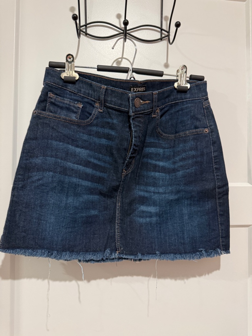 Express Indigo Denim Mini Skirt with Frayed Hem
